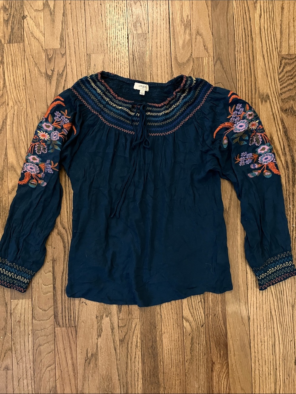 Umgee Navy Embroidered Peasant Blouse with Orange & Purple Accents